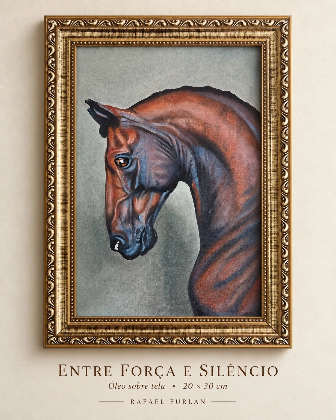 Entre Força e Silêncio, pintura de cavalo em moldura dourada; a fotografia informa óleo sobre tela e 20 × 30 cm