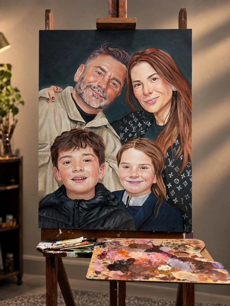 Retrato de família em pintura sobre cavalete