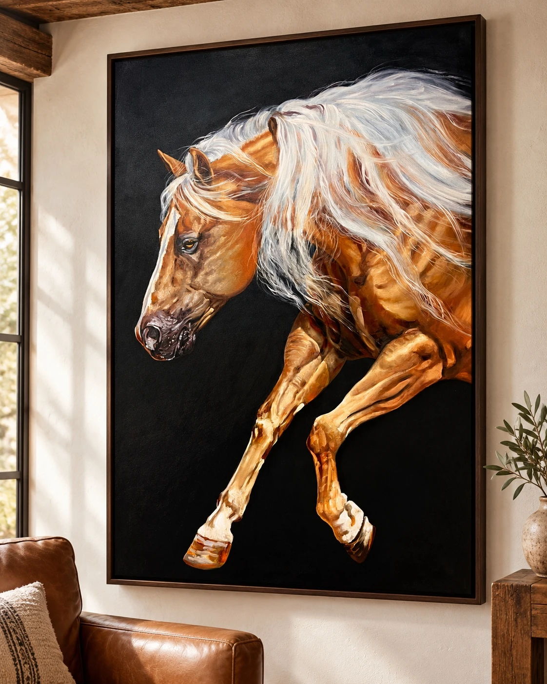 Pintura de cavalo dourado em movimento, com crina branca sobre fundo preto, apresentada em ambiente com vigas de madeira