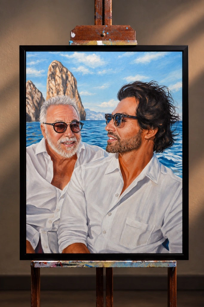Retrato personalizado de duas pessoas em uma pintura sobre cavalete