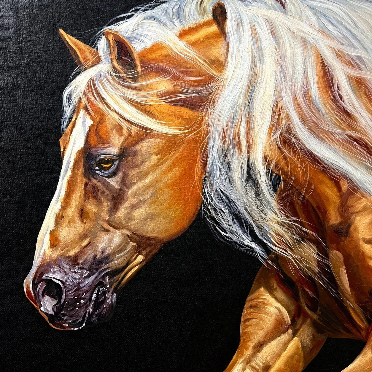 Detalhe da mesma pintura do cavalo dourado, mostrando rosto, olho, crina branca e textura das pinceladas